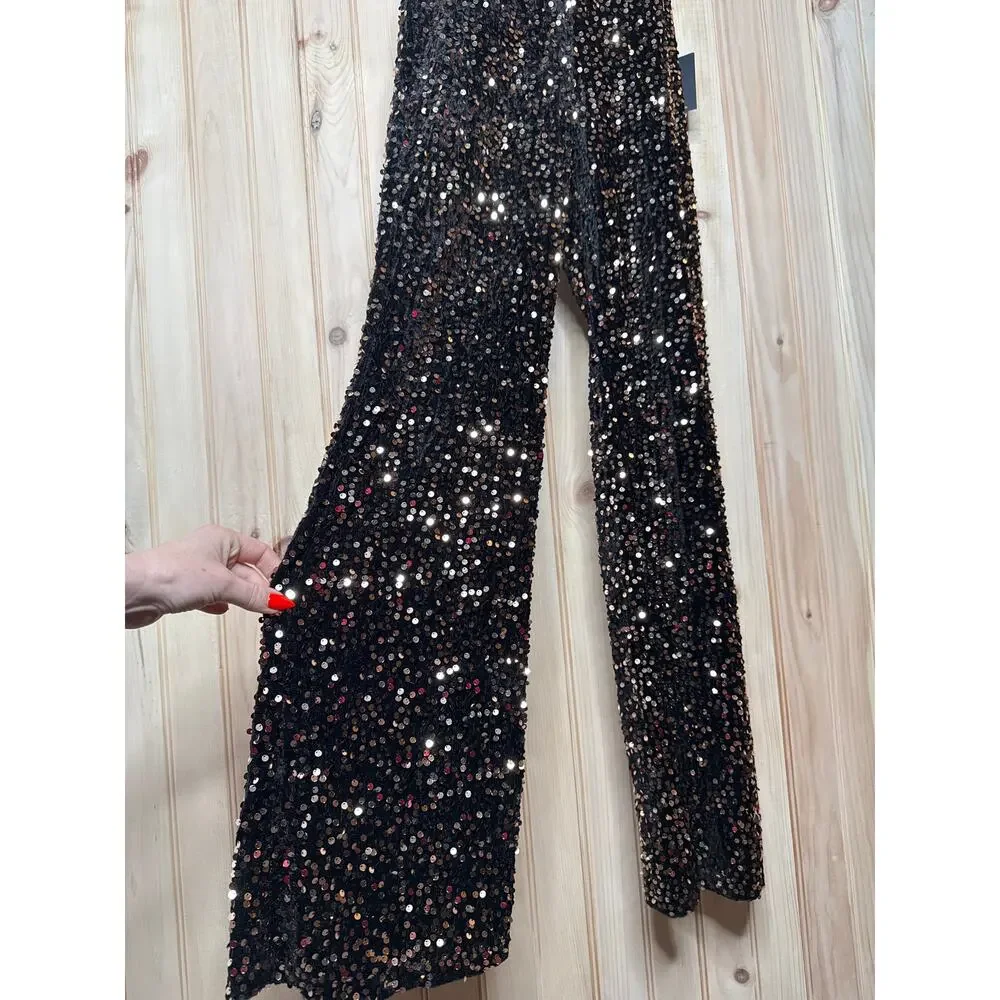 NWT Lulus Mesmerizing Diva Black Sequin Wide-Leg Halter Jumpsuit Party Size XS - Picture 4 of 9